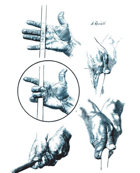 1.2 左图：精细地描绘本•霍根演示如何把手准确地放在球杆上的过程，当做得正确的时候，右手轻轻地放在正确的位置，而左手保持对球杆的控制。