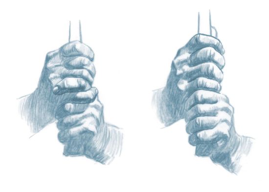图1.4 拉维利用不同的媒介、彩色铅笔，描绘了三种主要的握杆姿势：重叠式、互锁式和棒球式握杆。