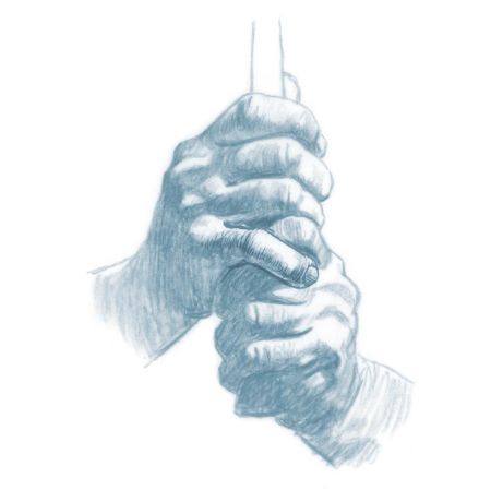 拉维利用不同的媒介、彩色铅笔，描绘了三种主要的握杆姿势：重叠式、互锁式和棒球式握杆。